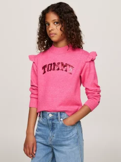 Dzianina*Tommy Hilfiger Sweter W Uczelnianym Stylu Z Cekinowym Logo HERITAGE PINK