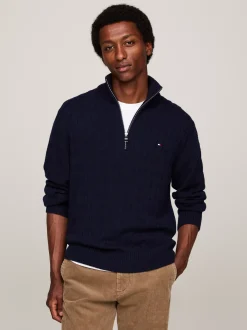 Sweter Z Zamkiem|Swetry*Tommy Hilfiger Sweter Z Czystej Wełny O Warkoczowym Splocie DESERT SKY