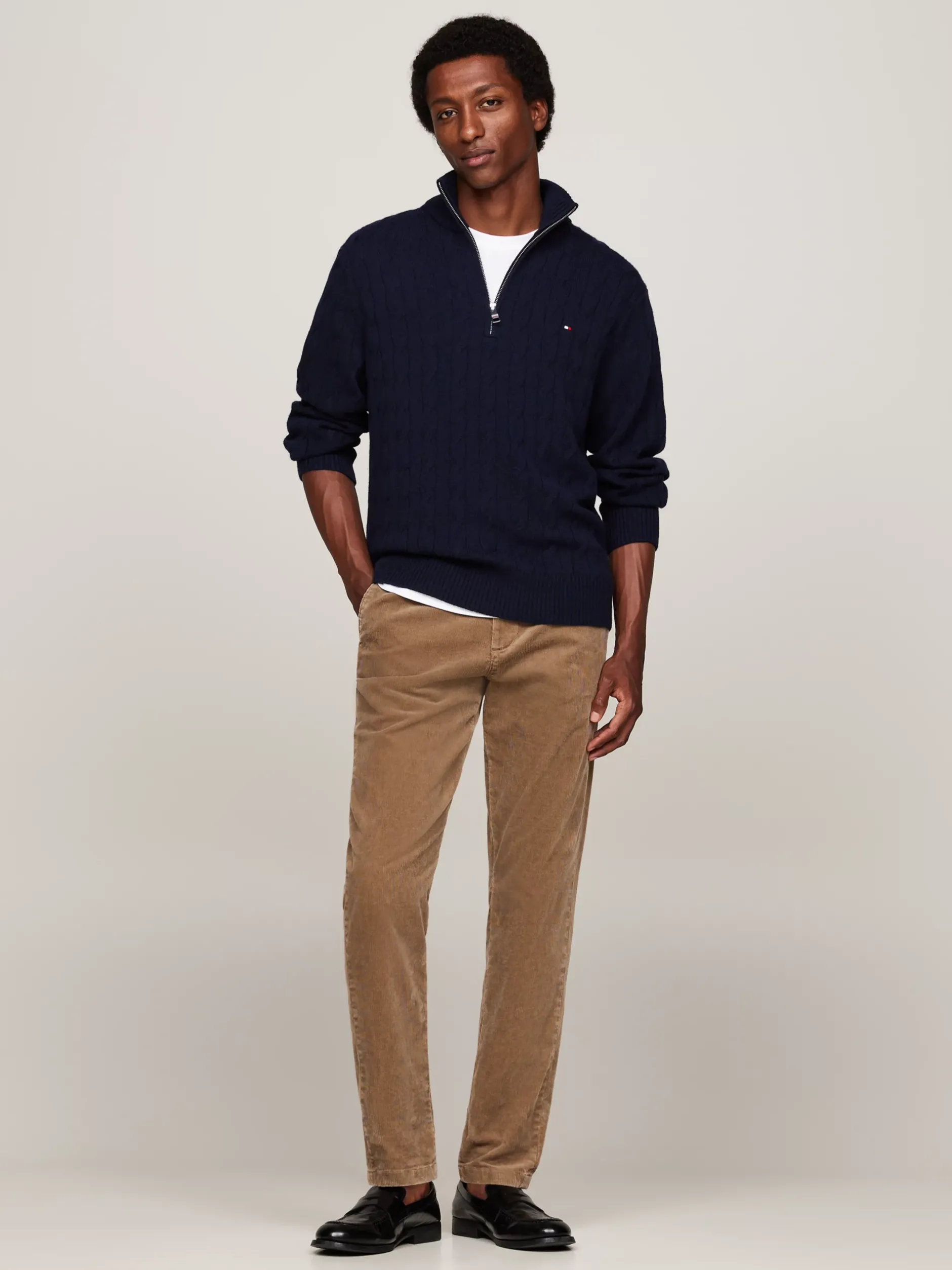 Sweter Z Zamkiem|Swetry*Tommy Hilfiger Sweter Z Czystej Wełny O Warkoczowym Splocie DESERT SKY
