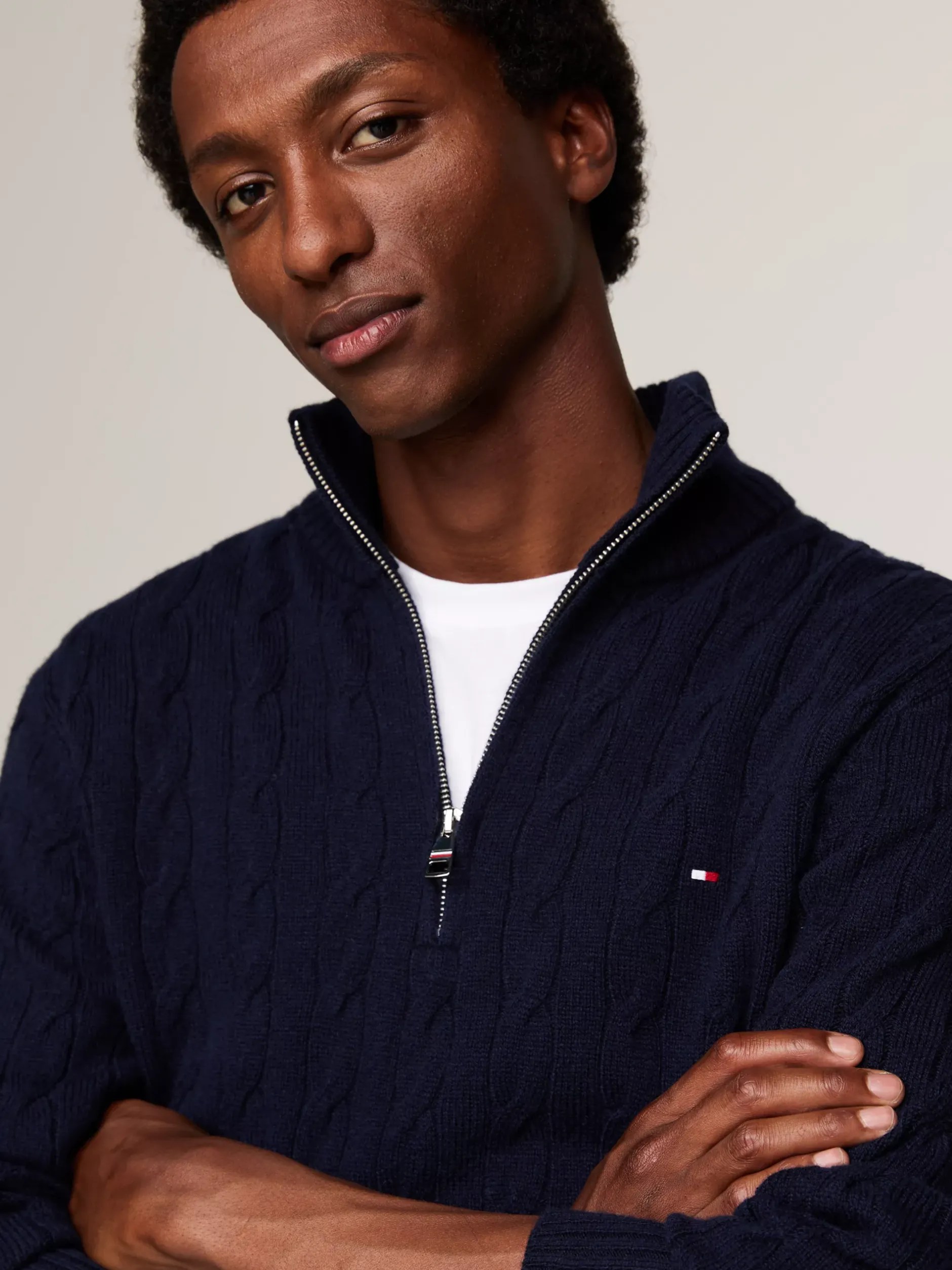 Sweter Z Zamkiem|Swetry*Tommy Hilfiger Sweter Z Czystej Wełny O Warkoczowym Splocie DESERT SKY