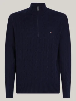 Sweter Z Zamkiem|Swetry*Tommy Hilfiger Sweter Z Czystej Wełny O Warkoczowym Splocie DESERT SKY