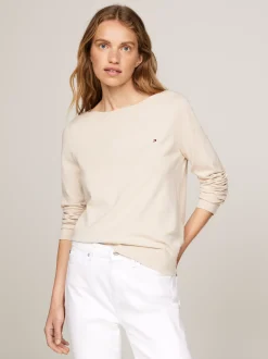 Swetry Z Okrągłym Dekoltem|Swetry*Tommy Hilfiger Sweter Z Dekoltem W łódkę I Flagą CLASSIC BEIGE