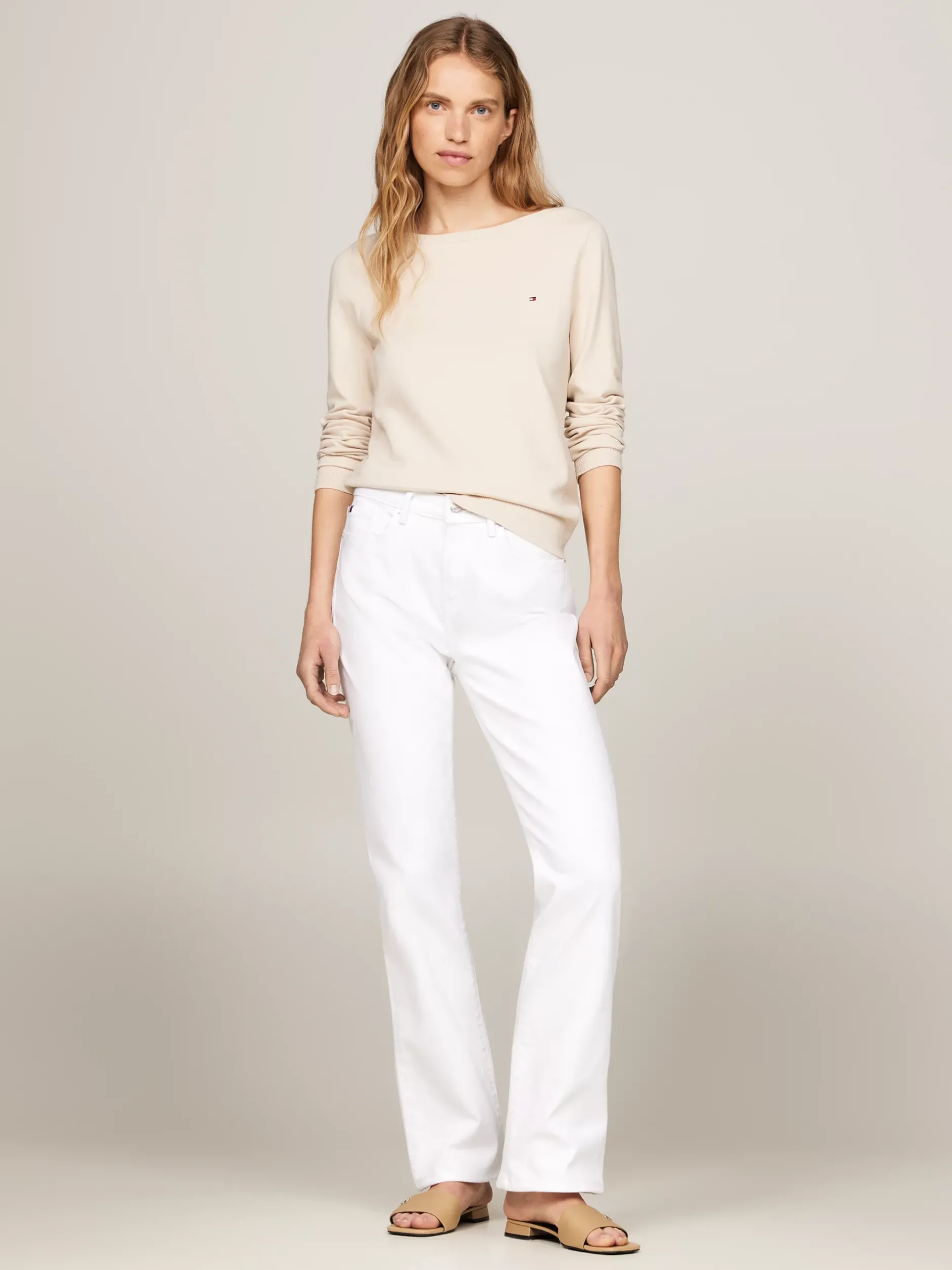 Swetry Z Okrągłym Dekoltem|Swetry*Tommy Hilfiger Sweter Z Dekoltem W łódkę I Flagą CLASSIC BEIGE