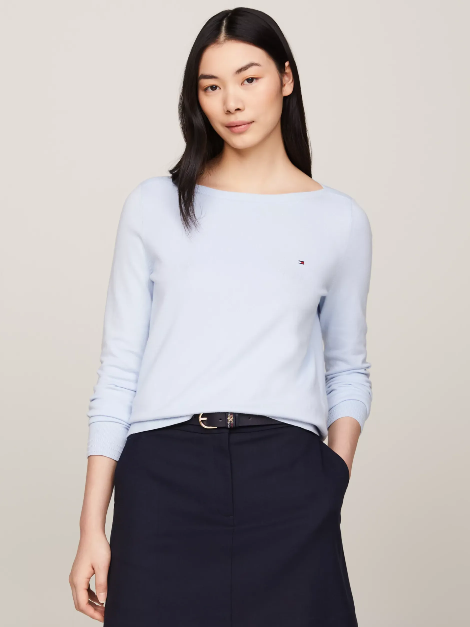 Swetry Z Okrągłym Dekoltem|Swetry*Tommy Hilfiger Sweter Z Dekoltem W łódkę I Flagą BREEZY BLUE