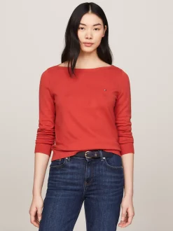 Swetry Z Okrągłym Dekoltem|Swetry*Tommy Hilfiger Sweter Z Dekoltem W łódkę I Flagą TERRA RED