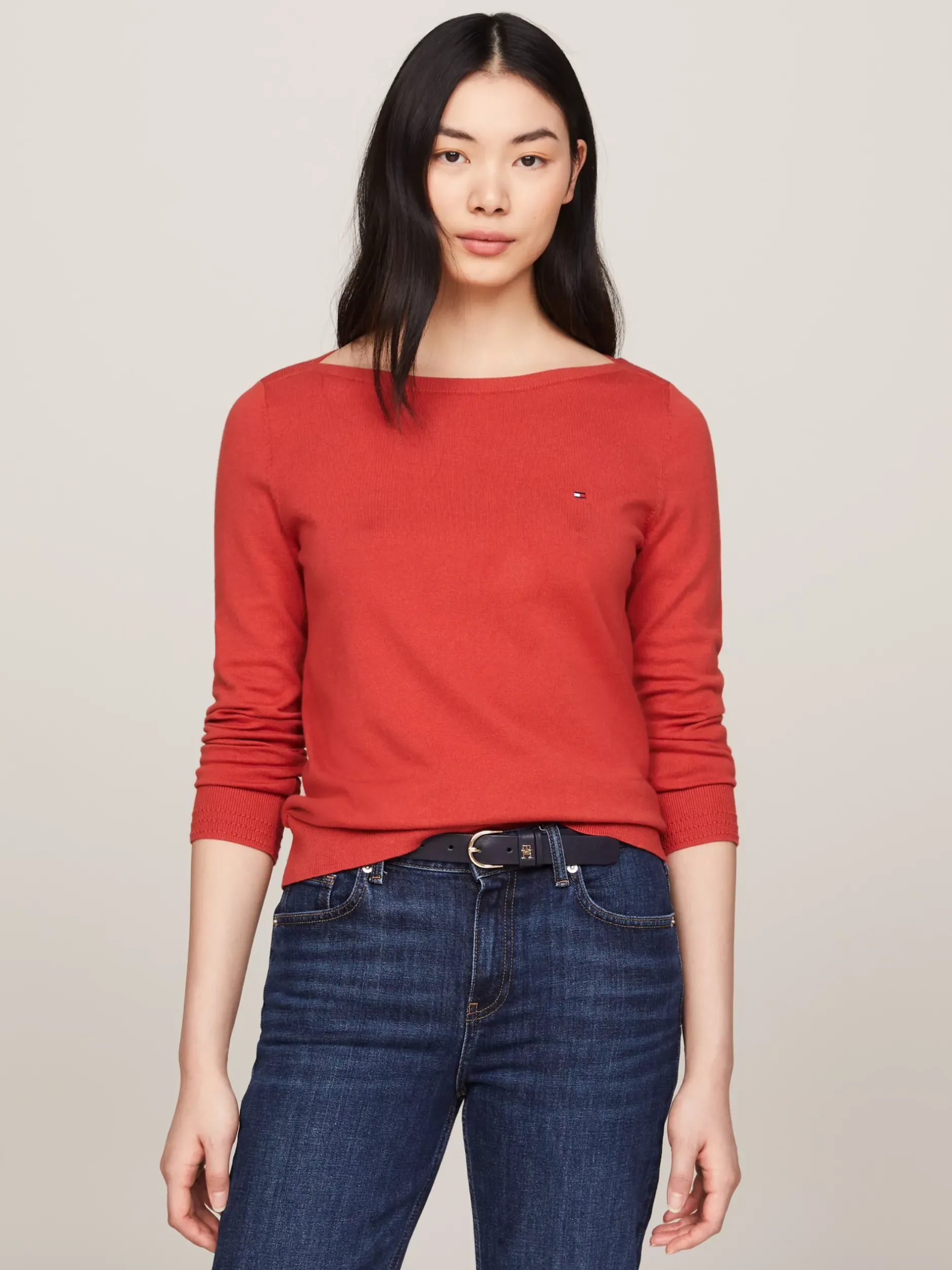 Swetry Z Okrągłym Dekoltem|Swetry*Tommy Hilfiger Sweter Z Dekoltem W łódkę I Flagą TERRA RED