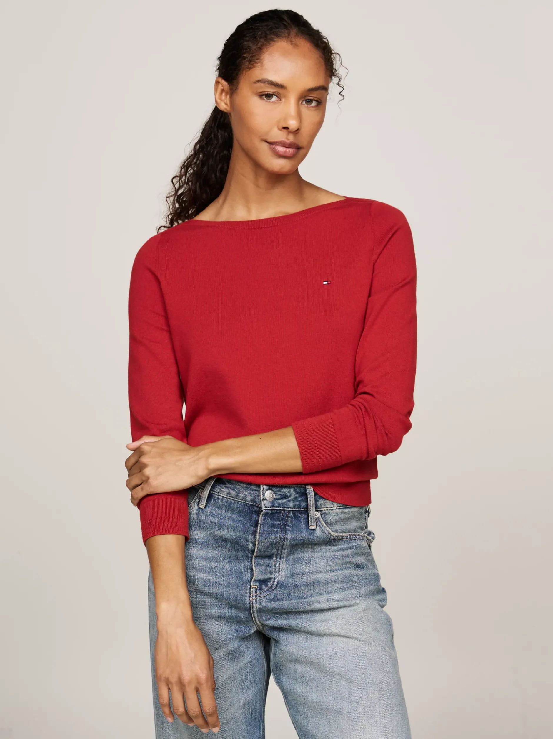 Swetry Z Okrągłym Dekoltem|Swetry*Tommy Hilfiger Sweter Z Dekoltem W łódkę I Flagą DARK MAGMA