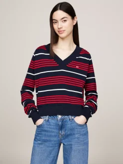 Swetry|Dzianina*Tommy Hilfiger Sweter Z Dekoltem W Szpic I Wzorem W Paski DARK NIGHT NAVY / STRIPE