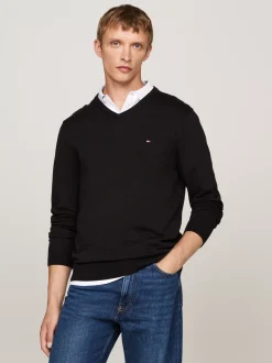 Swetry Z Okrągłym Dekoltem|Swetry*Tommy Hilfiger Sweter Z Dekoltem W Szpic I Flagą BLACK