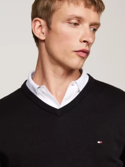 Swetry Z Okrągłym Dekoltem|Swetry*Tommy Hilfiger Sweter Z Dekoltem W Szpic I Flagą BLACK