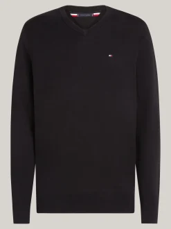 Swetry Z Okrągłym Dekoltem|Swetry*Tommy Hilfiger Sweter Z Dekoltem W Szpic I Flagą BLACK