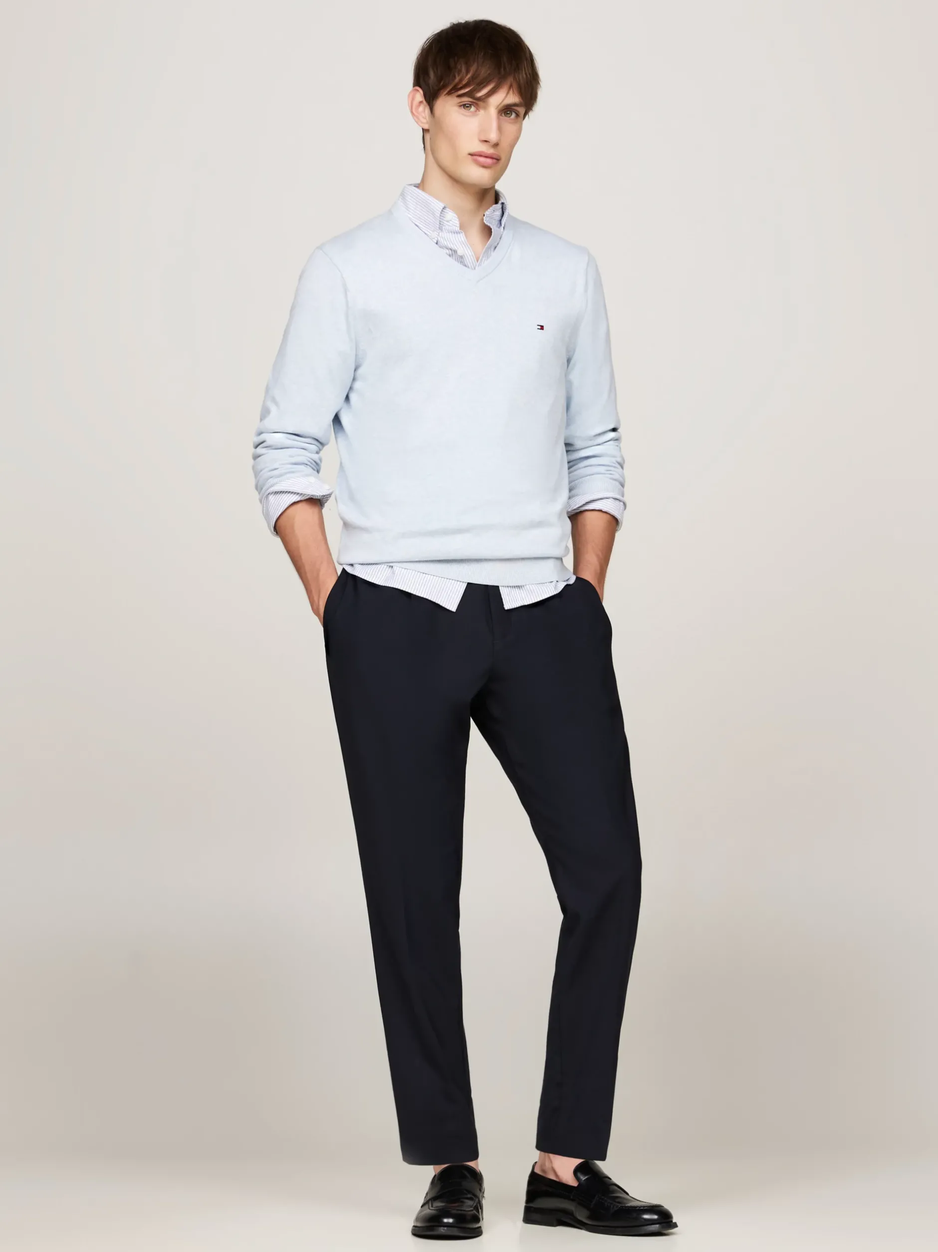 Swetry Z Okrągłym Dekoltem|Swetry*Tommy Hilfiger Sweter Z Dekoltem W Szpic I Flagą VESSEL BLUE HEATHER