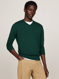 Swetry Z Okrągłym Dekoltem|Swetry*Tommy Hilfiger Sweter Z Dekoltem W Szpic I Flagą ORNAMENTAL GREEN