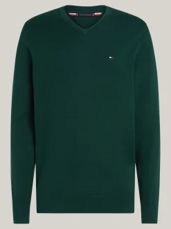 Swetry Z Okrągłym Dekoltem|Swetry*Tommy Hilfiger Sweter Z Dekoltem W Szpic I Flagą ORNAMENTAL GREEN