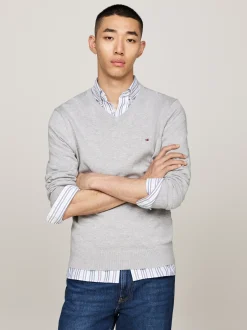 Swetry Z Okrągłym Dekoltem|Dzianina*Tommy Hilfiger Sweter Z Dekoltem W Szpic I Flagą LIGHT GREY HEATHER