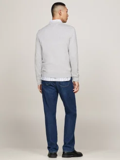 Swetry Z Okrągłym Dekoltem|Dzianina*Tommy Hilfiger Sweter Z Dekoltem W Szpic I Flagą LIGHT GREY HEATHER