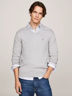 Swetry|Dzianina*Tommy Hilfiger Sweter Z Dekoltem W Szpic Z Kaszmirem LIGHT GREY HEATHER