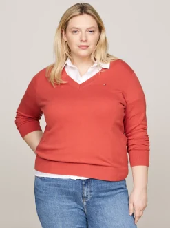 Swetry|Dzianina*Tommy Hilfiger Sweter Z Dekoltem W Szpic Z Kolekcji Curve TERRA RED