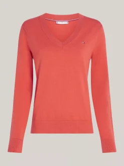 Swetry|Dzianina*Tommy Hilfiger Sweter Z Dekoltem W Szpic Z Kolekcji Curve TERRA RED