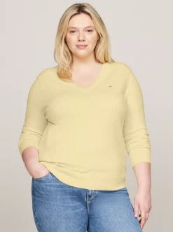 Swetry|Dzianina*Tommy Hilfiger Sweter Z Dekoltem W Szpic Z Kolekcji Curve LEMON ZEST