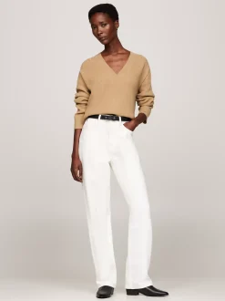 Swetry|Dzianina*Tommy Hilfiger Sweter Z Dekoltem W Szpic Z Kaszmirem CLASSIC KHAKI