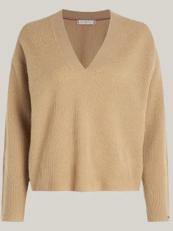Swetry|Dzianina*Tommy Hilfiger Sweter Z Dekoltem W Szpic Z Kaszmirem CLASSIC KHAKI