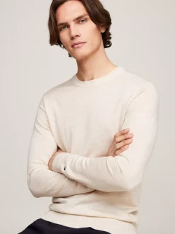 Swetry Z Okrągłym Dekoltem|Swetry*Tommy Hilfiger Sweter Z Delikatnej Wełny Z Merynosa HEATHERED OATMILK