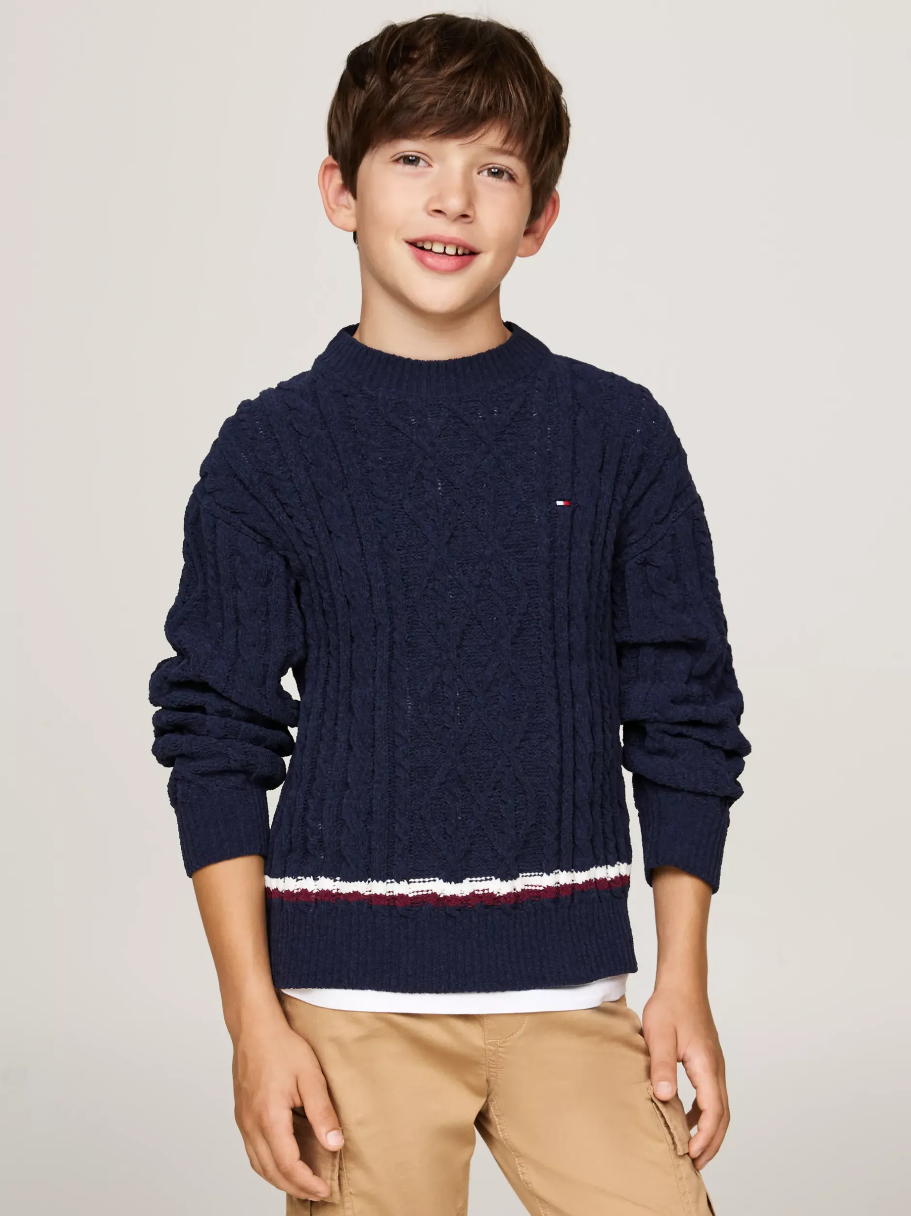 Dzianina*Tommy Hilfiger Sweter Z Dzianiny Szenilowej Z Sygnowanym Paskiem DESERT SKY