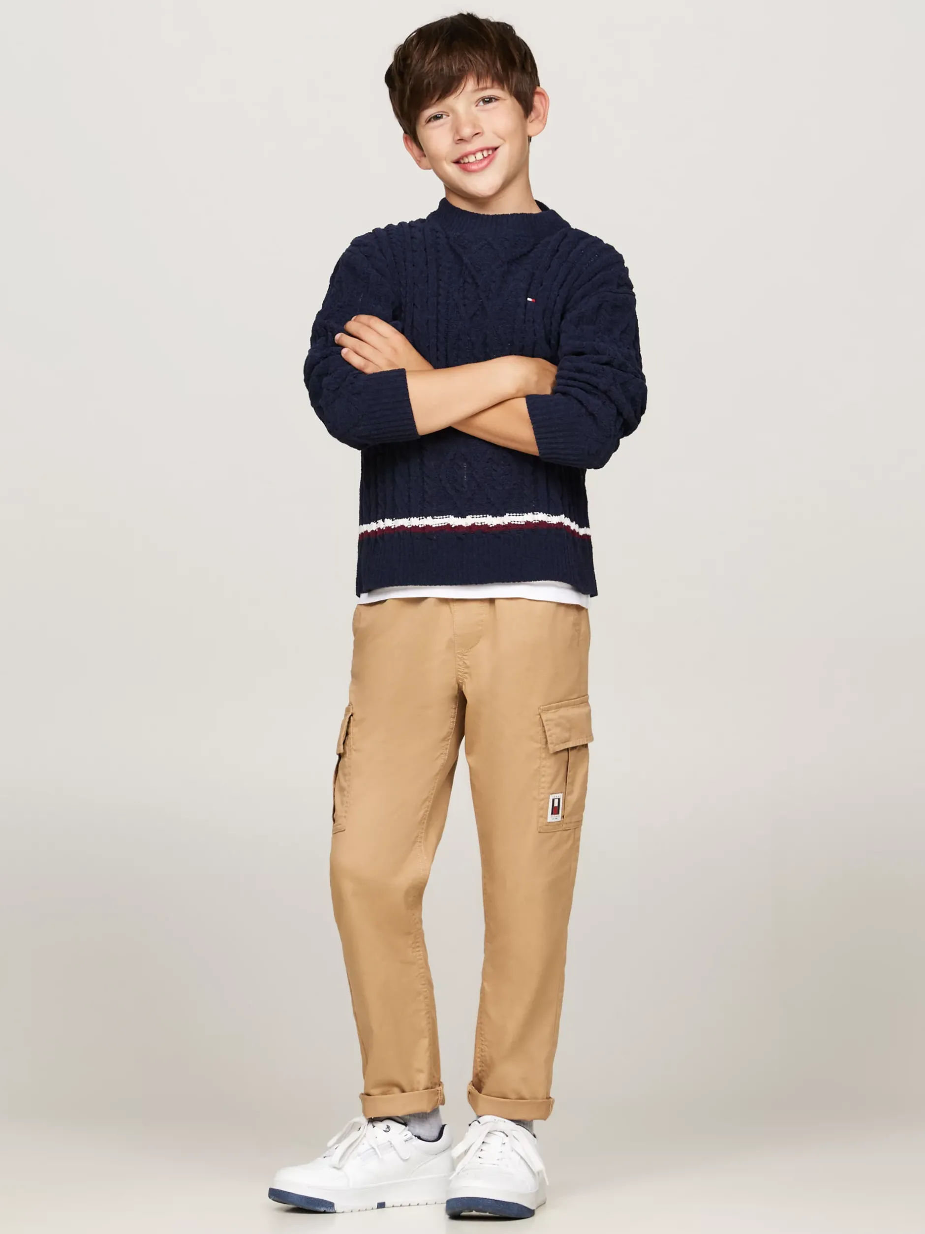 Dzianina*Tommy Hilfiger Sweter Z Dzianiny Szenilowej Z Sygnowanym Paskiem DESERT SKY