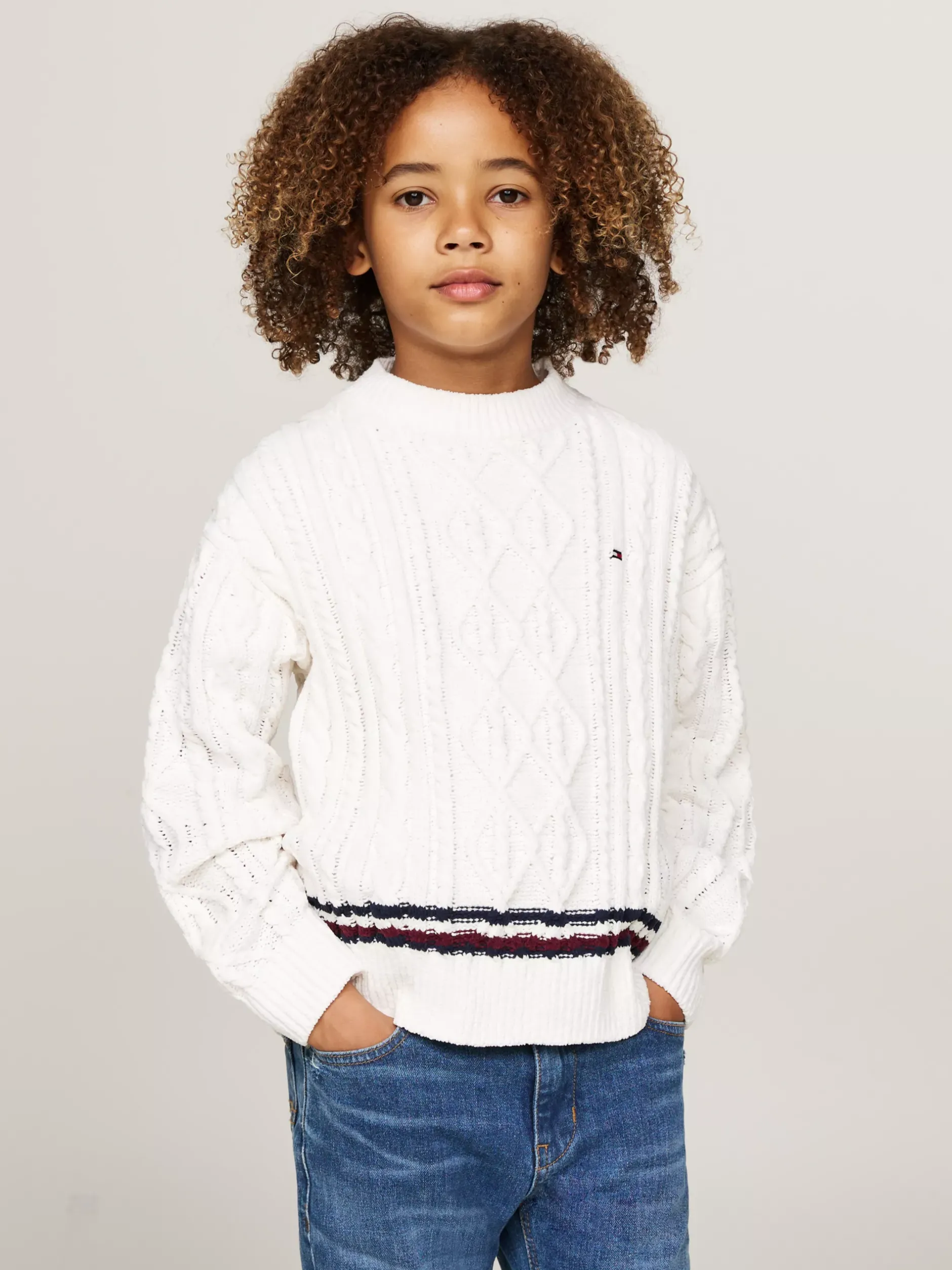 Dzianina*Tommy Hilfiger Sweter Z Dzianiny Szenilowej Z Sygnowanym Paskiem IVORY PETAL
