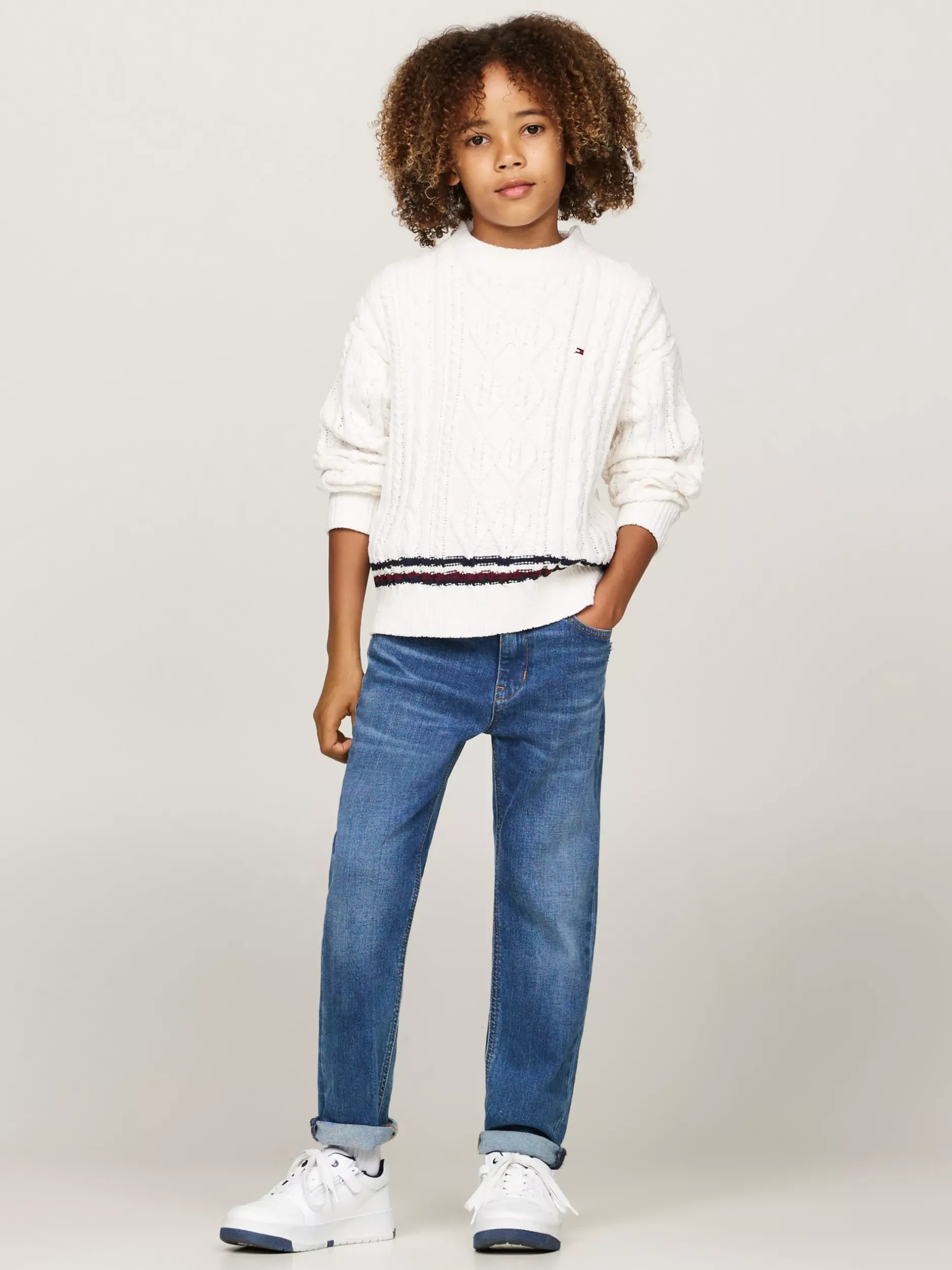 Dzianina*Tommy Hilfiger Sweter Z Dzianiny Szenilowej Z Sygnowanym Paskiem IVORY PETAL