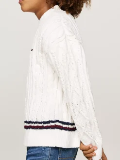 Dzianina*Tommy Hilfiger Sweter Z Dzianiny Szenilowej Z Sygnowanym Paskiem IVORY PETAL