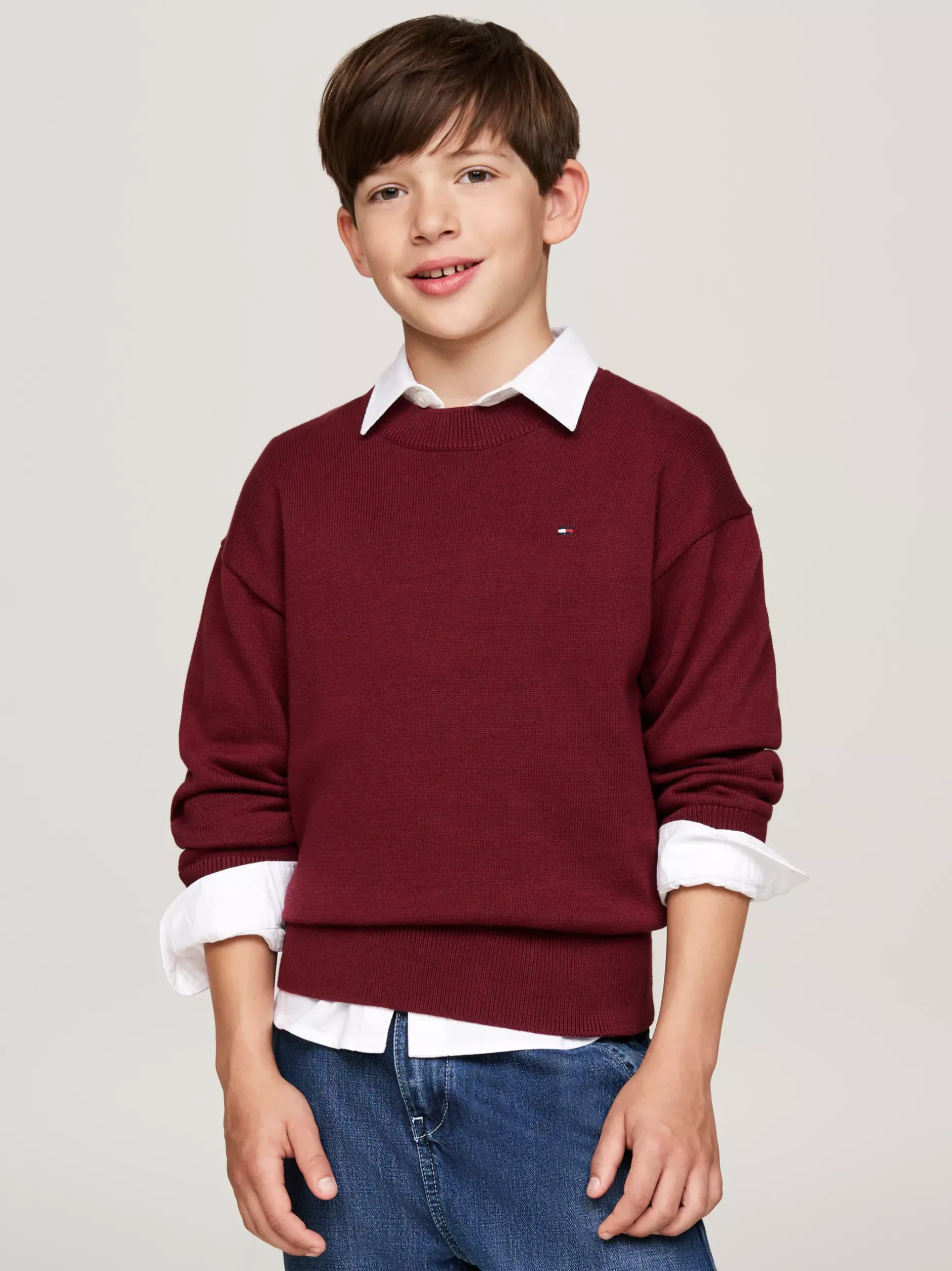 Dzianina*Tommy Hilfiger Sweter Z Haftem Z Flagą I Okrągłym Dekoltem DEEP ROUGE