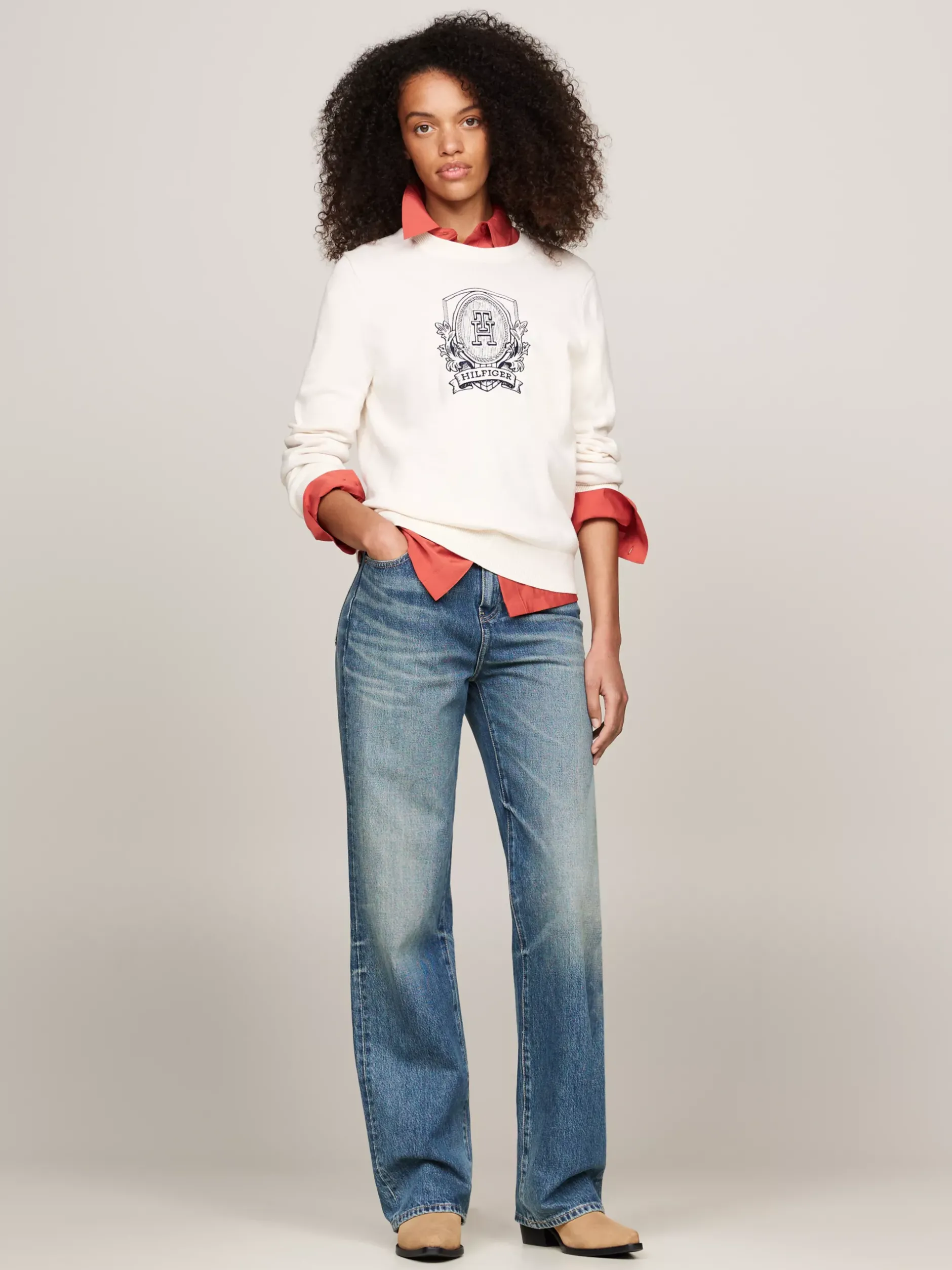 Swetry Z Okrągłym Dekoltem|Swetry*Tommy Hilfiger Sweter Z Wyhaftowanym Monogramem TH IVORY PETAL