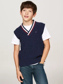 Dzianina*Tommy Hilfiger Sygnowany Bezrękawnik Ze Splotem Warkoczowym DESERT SKY