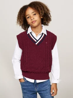 Dzianina*Tommy Hilfiger Sygnowany Bezrękawnik Ze Splotem Warkoczowym DEEP ROUGE