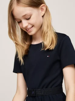 Sukienki*Tommy Hilfiger Tiulowa Sukienka Z Paskiem I Logo Hilfiger DESERT SKY