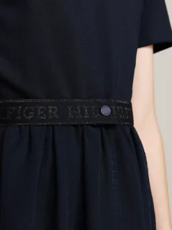 Sukienki*Tommy Hilfiger Tiulowa Sukienka Z Paskiem I Logo Hilfiger DESERT SKY