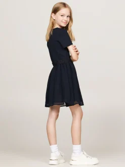 Sukienki*Tommy Hilfiger Tiulowa Sukienka Z Paskiem I Logo Hilfiger DESERT SKY