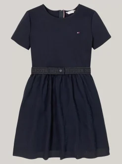 Sukienki*Tommy Hilfiger Tiulowa Sukienka Z Paskiem I Logo Hilfiger DESERT SKY