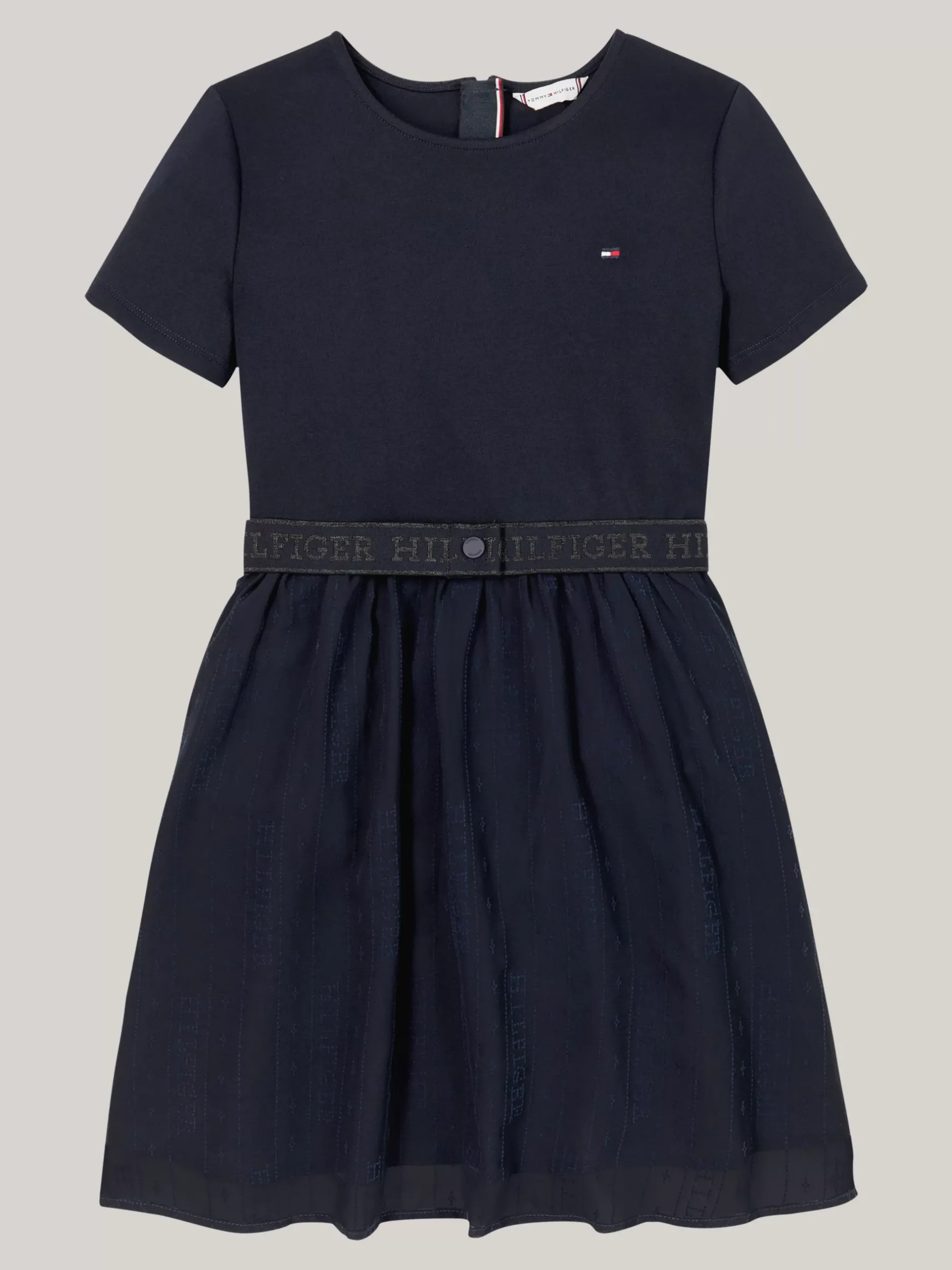 Sukienki*Tommy Hilfiger Tiulowa Sukienka Z Paskiem I Logo Hilfiger DESERT SKY