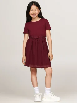 Sukienki*Tommy Hilfiger Tiulowa Sukienka Z Paskiem I Logo Hilfiger DEEP ROUGE