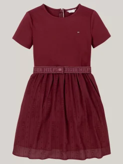 Sukienki*Tommy Hilfiger Tiulowa Sukienka Z Paskiem I Logo Hilfiger DEEP ROUGE
