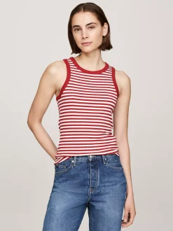 T-Shirty*Tommy Hilfiger Top Bez Rękawów W Paski O Prążkowanej Fakturze FIVE MM STP/ ECRU/ DARK MAGMA