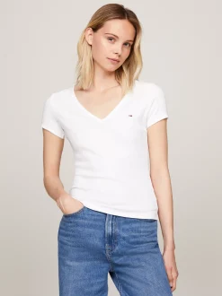T-Shirty*Tommy Hilfiger T-shirt Essential Z Dekoltem W Szpic WHITE