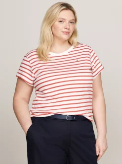 T-Shirty*Tommy Hilfiger T-shirt O Wąskim Kroju Curve 1985 Collection BRETON STP/ ECRU/ TERRA RED