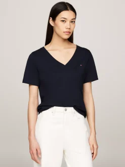 T-Shirty*Tommy Hilfiger T-shirt Z Dekoltem W Szpic I Haftem Z Flagą DESERT SKY