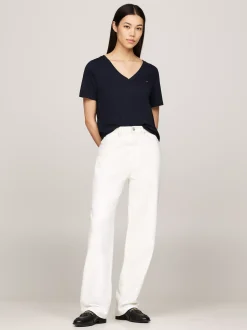 T-Shirty*Tommy Hilfiger T-shirt Z Dekoltem W Szpic I Haftem Z Flagą DESERT SKY