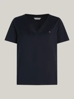 T-Shirty*Tommy Hilfiger T-shirt Z Dekoltem W Szpic I Haftem Z Flagą DESERT SKY