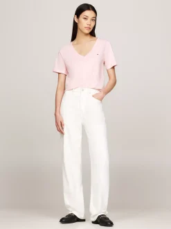 T-Shirty*Tommy Hilfiger T-shirt Z Dekoltem W Szpic I Haftem Z Flagą DELICATE PINK